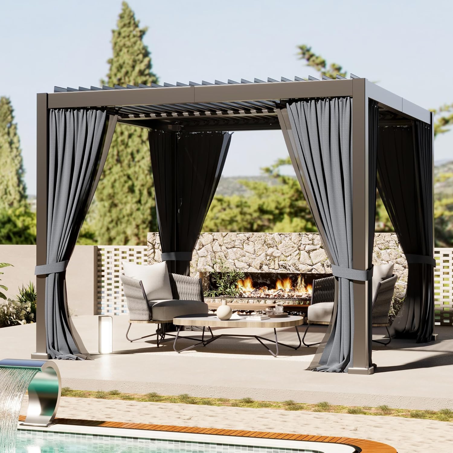 10'x10' Metal Pergola, Outdoor Patio Pergola with Hardtop Roof,Aluminum Pergolas with Curtains,Waterproof Gazebo,Gray