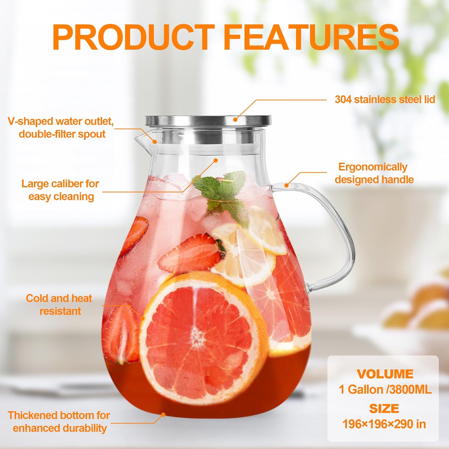 1 Gallon Glass Pitcher with Lid and Handle, Hot & Cold Water Jug, Extra-Wide Mouth Beverage Carafe for Juice, Iced