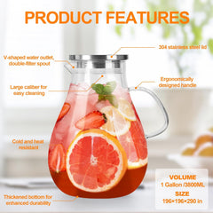 1 Gallon Glass Pitcher with Lid and Handle, Hot & Cold Water Jug, Extra-Wide Mouth Beverage Carafe for Juice, Iced