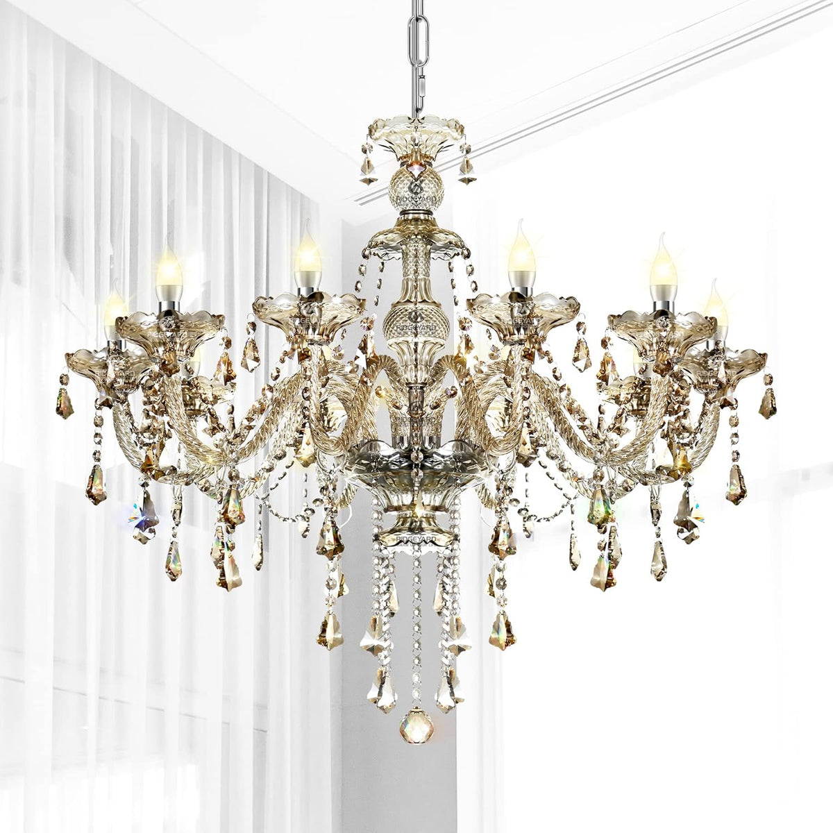 10-Light Crystal Chandelier Cognac/Champagne Modern Chandelier K9 Crystal Candle Pendant Ceiling Lighting Fixture, Chandeliers for Dining Room Home DŽcor
