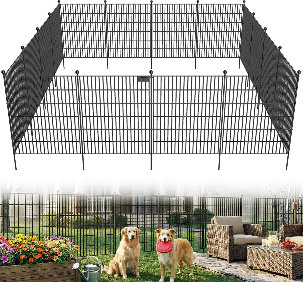 10 Panels No Dig Garden Fence with Gate, 32 in(H) X24.2 ft(L) Metal Fence Panels, Thickened Rustproof Garden Fencing