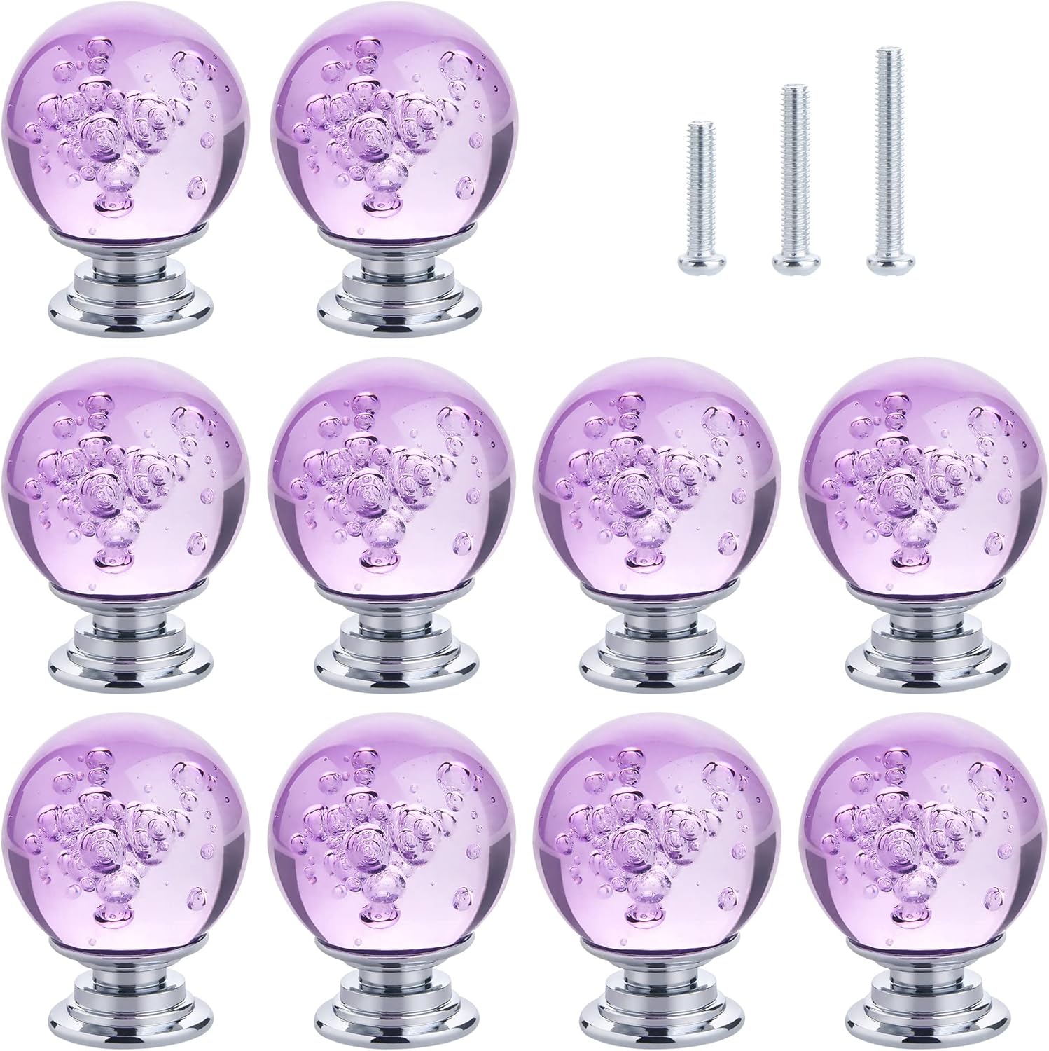 10 PCS Crystal Cabinet Knobs Round Glass Bubbles Dresser Knobs Smooth Drawer Knobs Handle for Home, Cabinet, Drawer and Dresser Hardware with 3 Different Size Screws, 30MM (Purple)