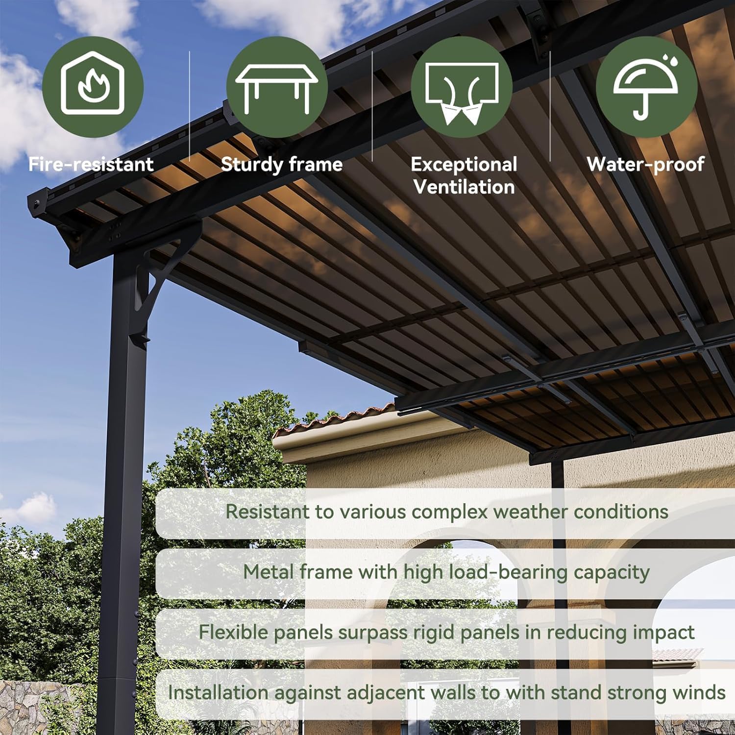 10' x 12' Gazebo, Gazebo Pergola with Sloped Roof, Large Wall-Mounted Heavy Duty Awnings