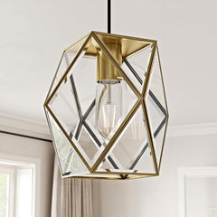 1-Light Modern Geometric Glass Pendant Light, Caged Hanging Light, Gold | Open Bottom Design, Stable Metal Frame
