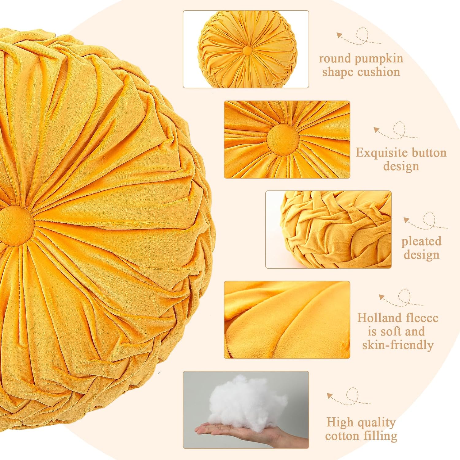 1 Pcs Round Throw Velvet Pillows Decorative Pleated Throw Pillows Diameter Accent Pumpkin Boho Chair Cushion,15'')