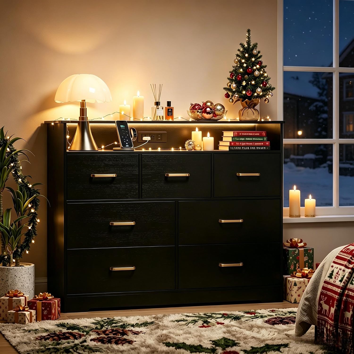 10 Drawer Dresser - 65'' Wide Chest of Drawers with LED Light and Charging Station, Modern Large TV Stand Cabinet