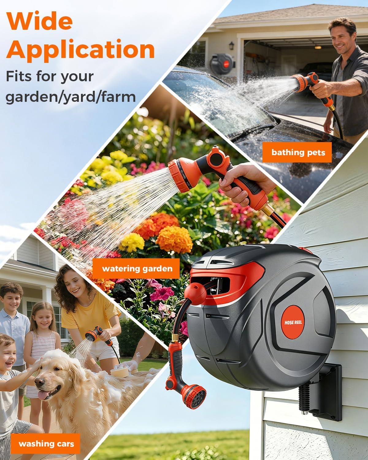 1/2 Inch 100FT Retractable Garden Hose Reel Wall-Mounted 180° Swivel 9-Patern Nozzle Automatic Slow Return Any Length