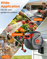 1/2 Inch 100FT Retractable Garden Hose Reel Wall-Mounted 180° Swivel 9-Patern Nozzle Automatic Slow Return Any Length