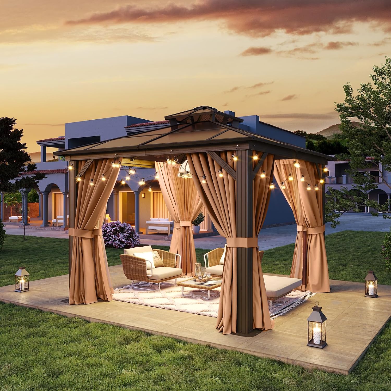 10'x10' Hardtop Gazebo, Outdoor Polycarbonate Double Top Canopy, Metal Frame Gazebo with Netting and Curtains