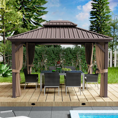 10'x12' Hardtop Gazebo - Permanent Metal Pavilion with Netting and Shaded Curtains for Patio, Backyard