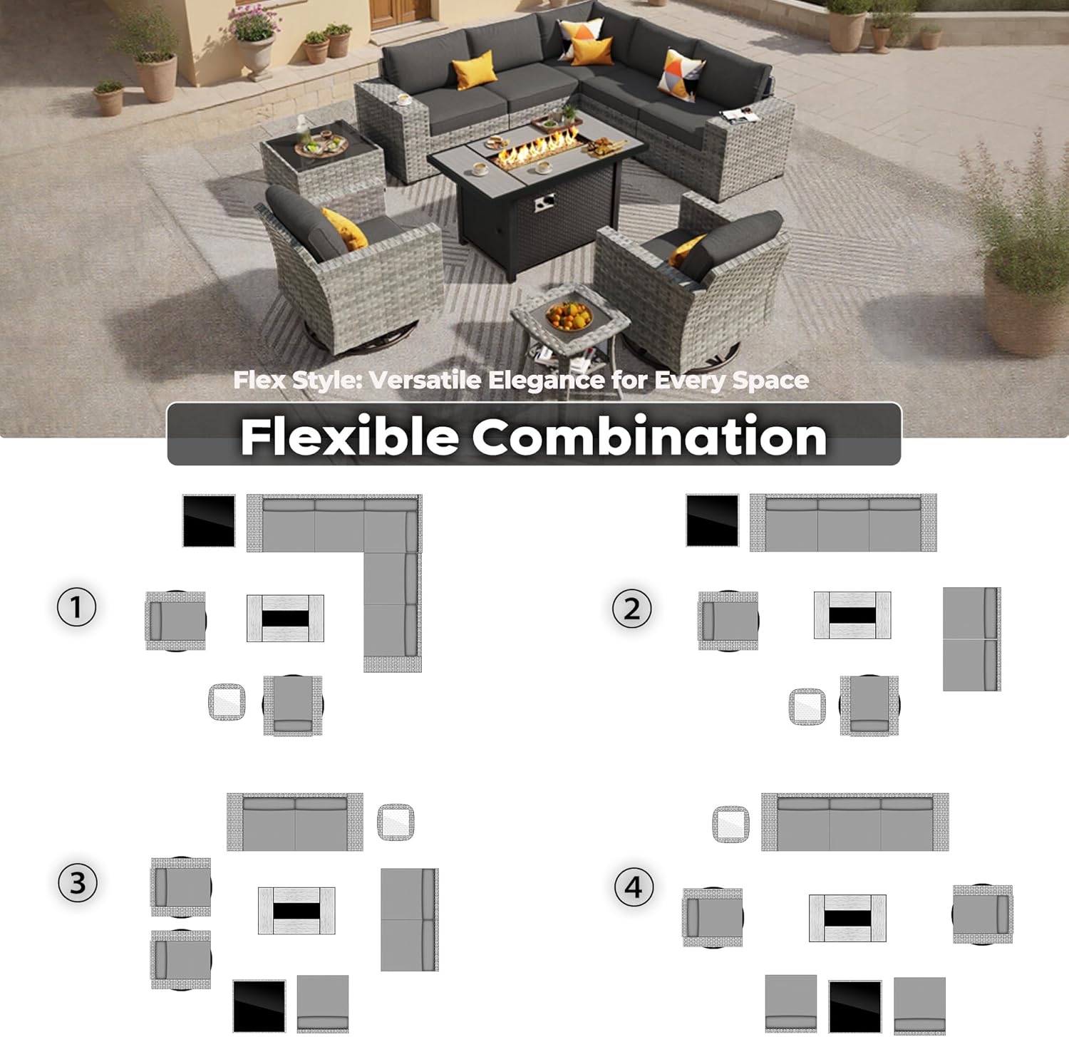 10 Pieces Patio Furniture Set, Outdoor Wicker Sectional Sofa with 42" Fire Pit Table Swivel Chairs
