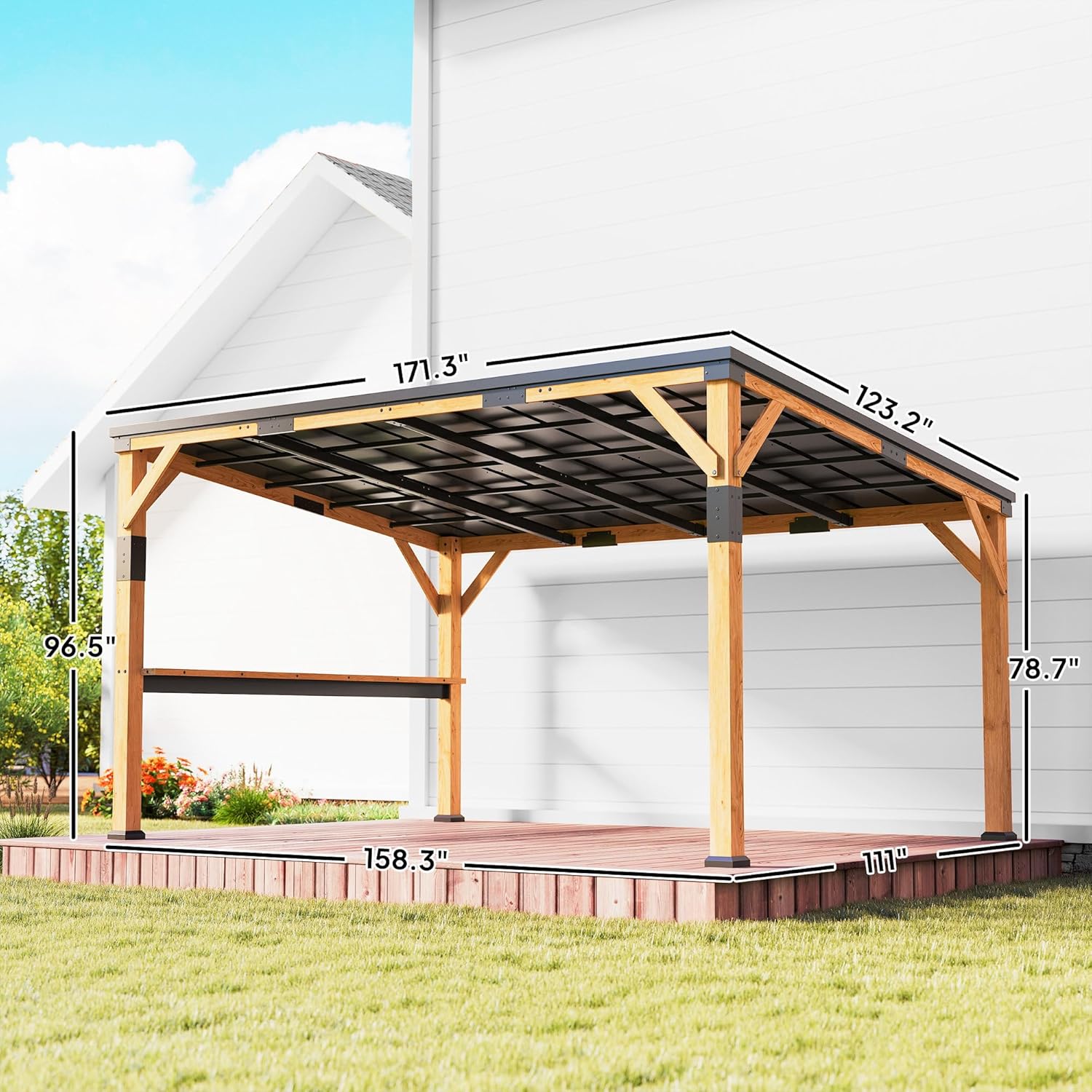 10' x 14' Wooden Gazebo with Galvanized Steel Sloped Roof, Hardtop Lean-to Gazebo Pergola with Bar Shelf