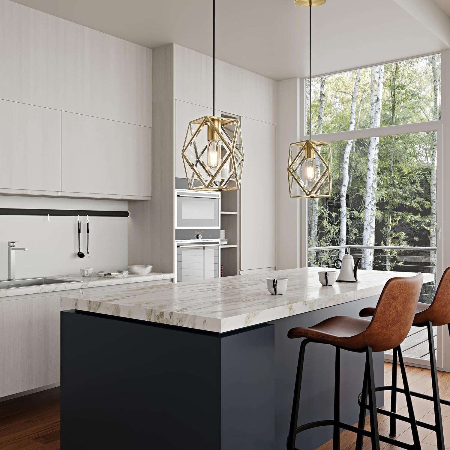 1-Light Modern Geometric Glass Pendant Light, Caged Hanging Light, Gold | Open Bottom Design, Stable Metal Frame