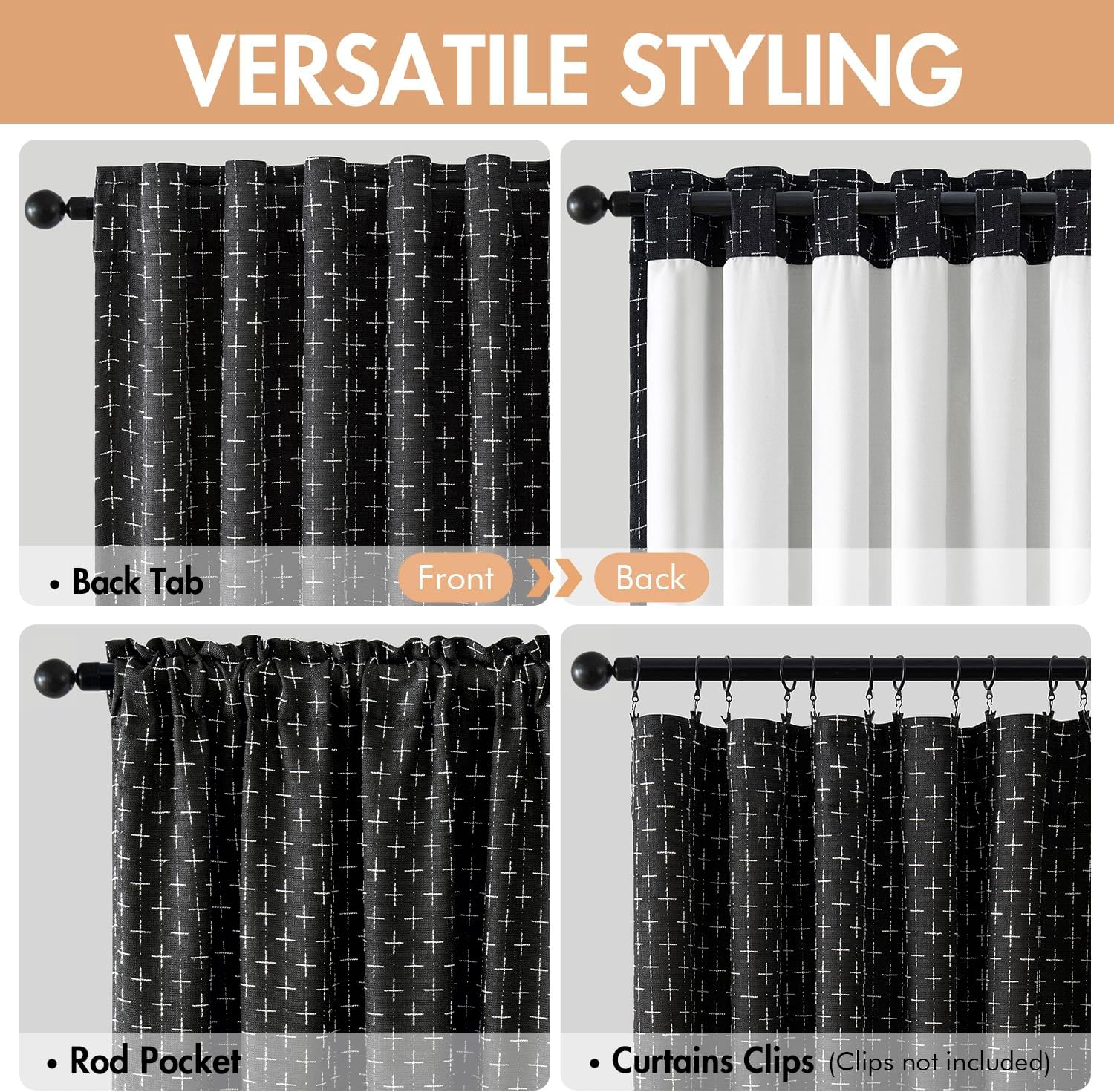 100% Blackout Decorative Linen Curtains with Geometric Pattern, Thick Woven Farmhouse Rustic Patterned Drapes with Back Tab for Bedroom and Living Room, Black, 2 Panels