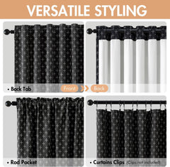 100% Blackout Decorative Linen Curtains with Geometric Pattern, Thick Woven Farmhouse Rustic Patterned Drapes with Back Tab for Bedroom and Living Room, Black, 2 Panels