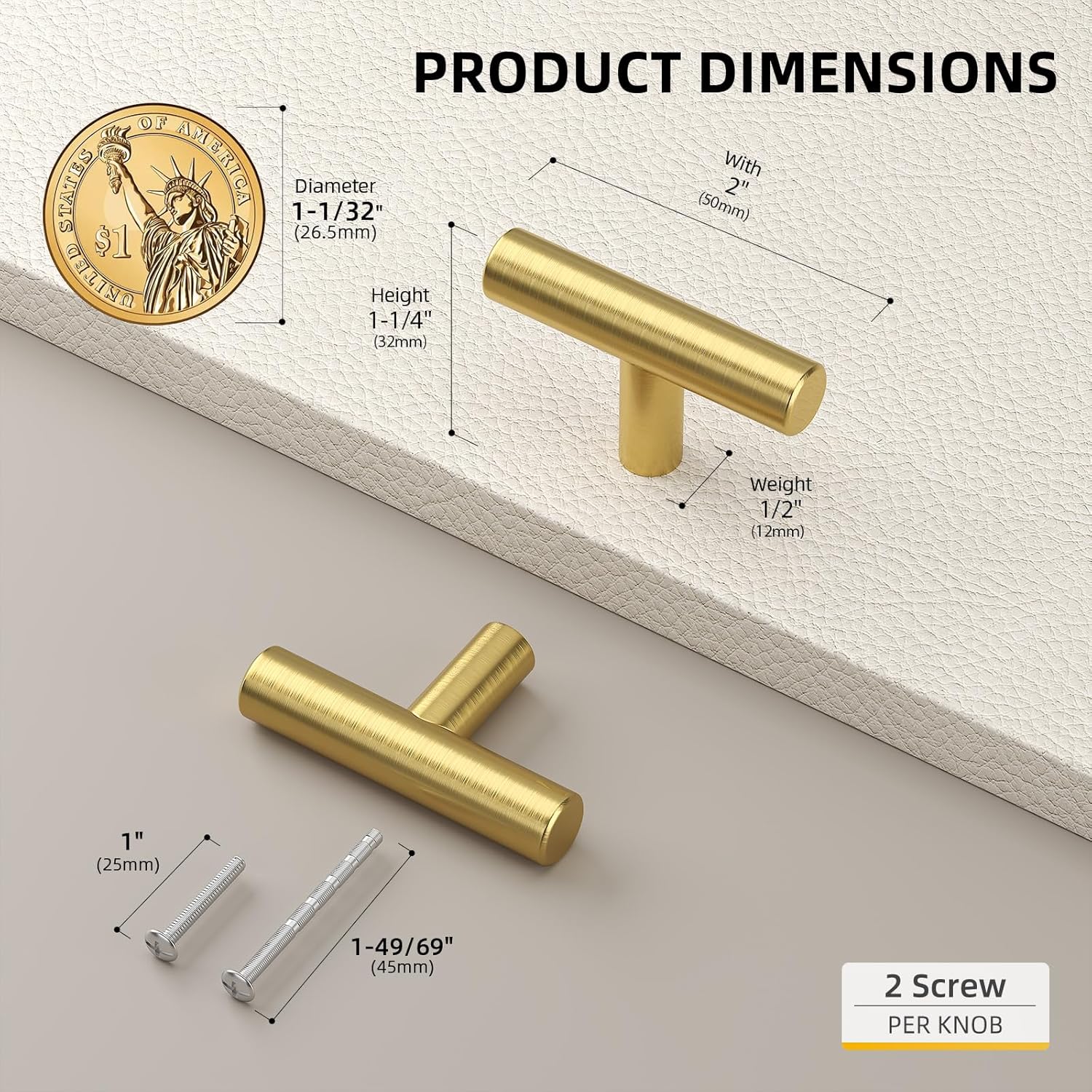 10 Pack Gold Cabinet Knobs Brushed Brass Drawer Knobs Gold Dresser Hardware - LS201GD Single Hole Handles Doors Closet