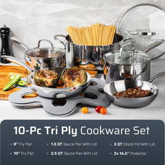 10 Pcs Tri Ply Stainless Steel Cookware Set, Pots and Pans Set with Induction Bottom, Made Without PTFE PFOA PFOS