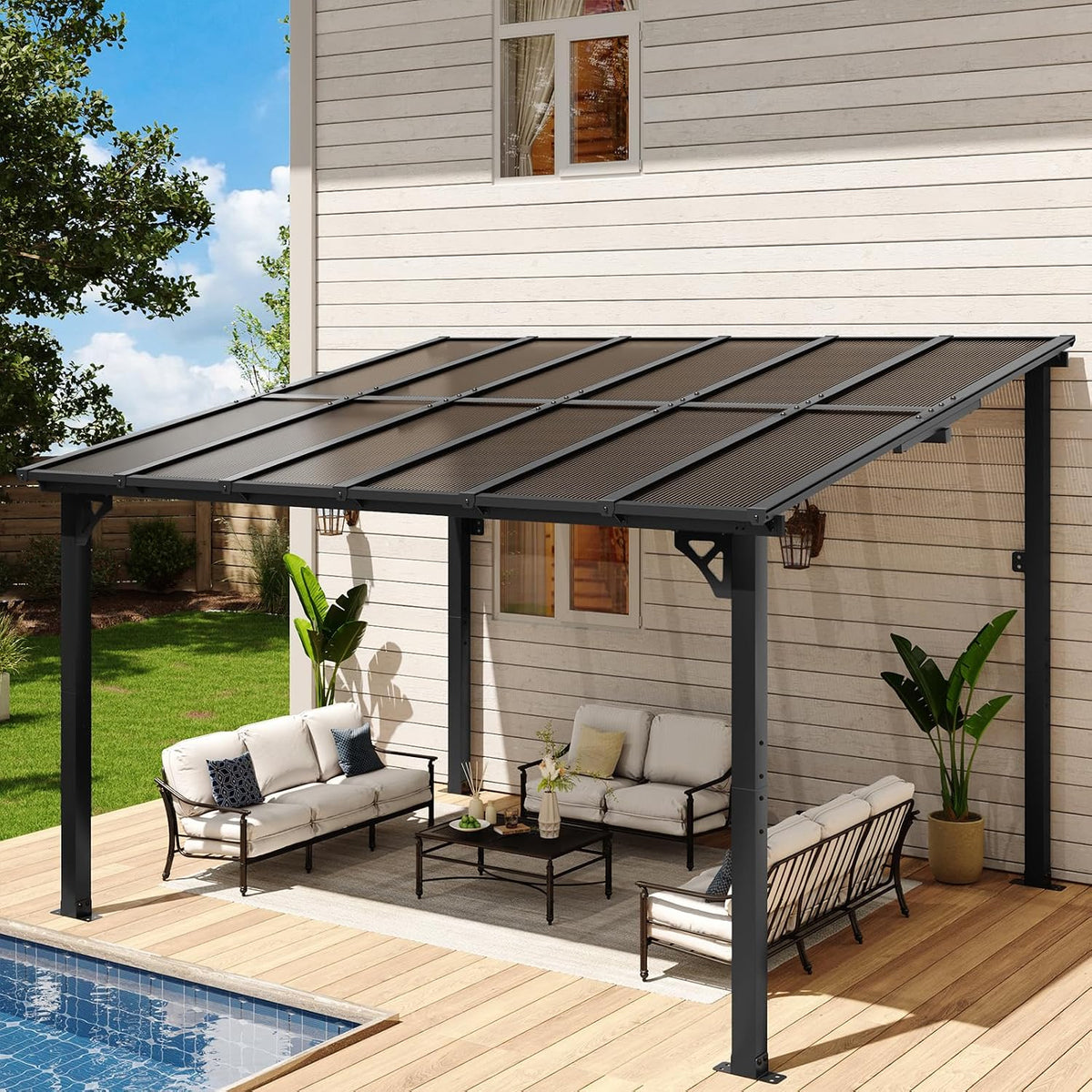 10' x 12' Gazebo, Gazebo Pergola with Sloped Roof, Large Wall-Mounted Heavy Duty Awnings