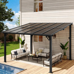 10' x 12' Gazebo, Gazebo Pergola with Sloped Roof, Large Wall-Mounted Heavy Duty Awnings