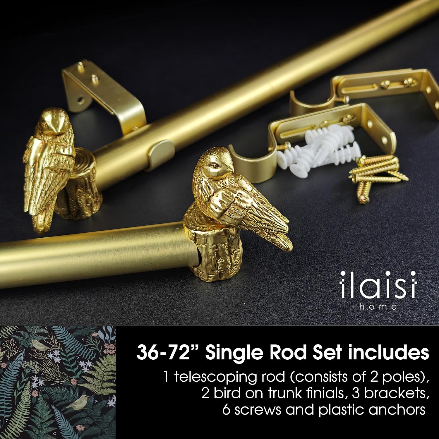 1-1/8 Inch Diameter Brushed Gold Curtain Rod with Bird Design Finials, 36-72'' Telescoping Single Curtain Rods for