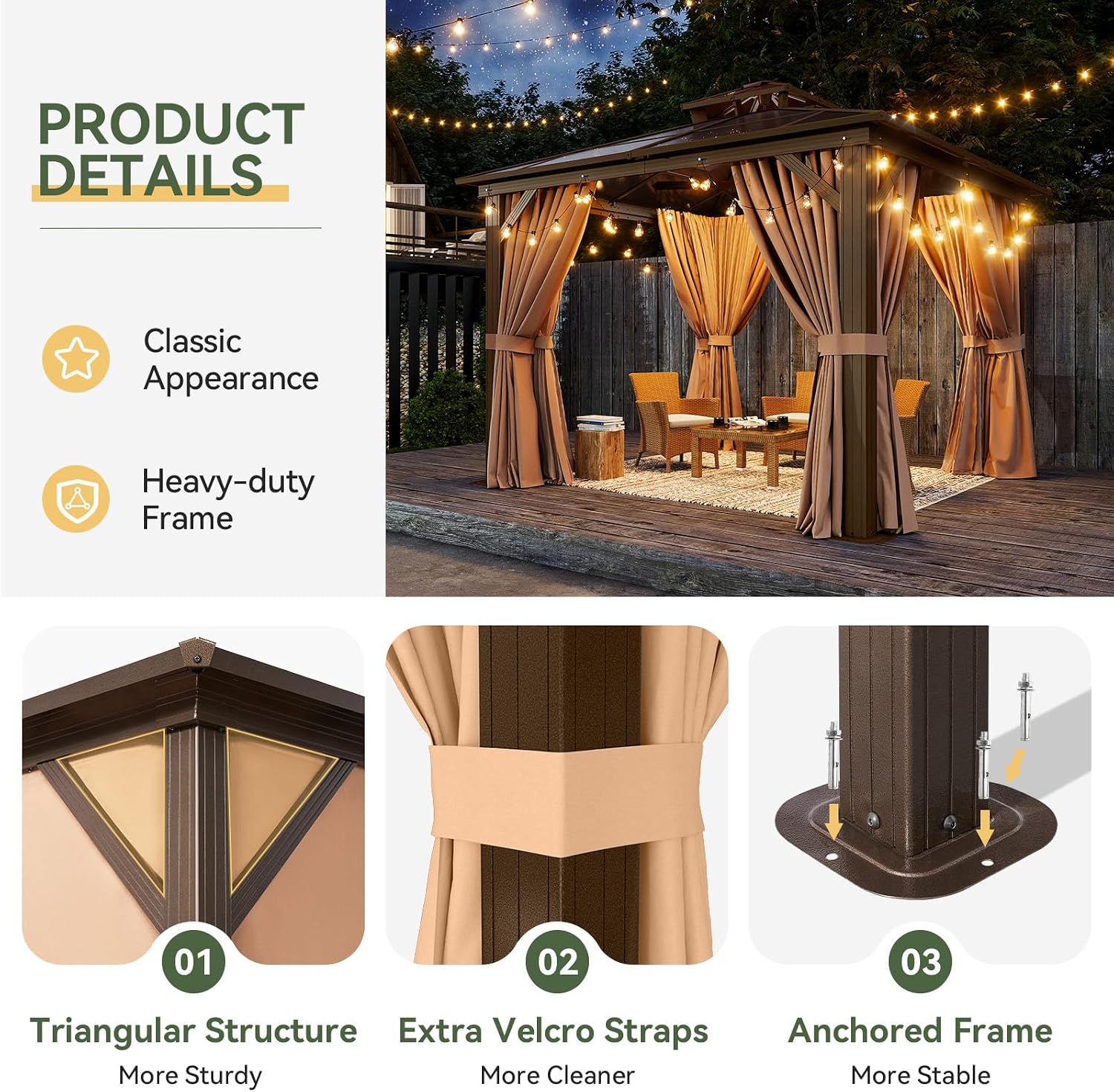 10'x10' Hardtop Gazebo, Outdoor Polycarbonate Double Top Canopy, Metal Frame Gazebo with Netting and Curtains