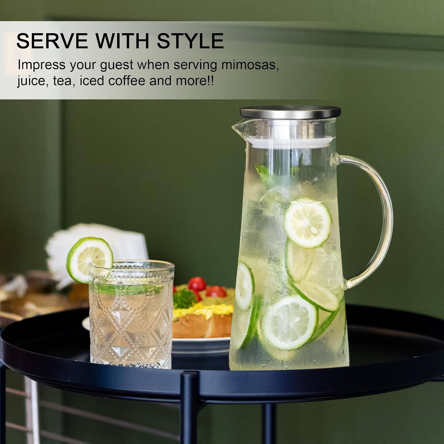 1.5 Liter 51oz Glass Pitcher with Lid, Easy Clean Heat Resistant Glass Water Carafe with Handle for Hot/Cold