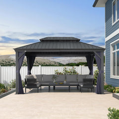 10' X 14' Hardtop Gazebo Aluminum Gazebo with Galvanized Steel Double Roof for Backyard Patio Lawn and Garden Curtains
