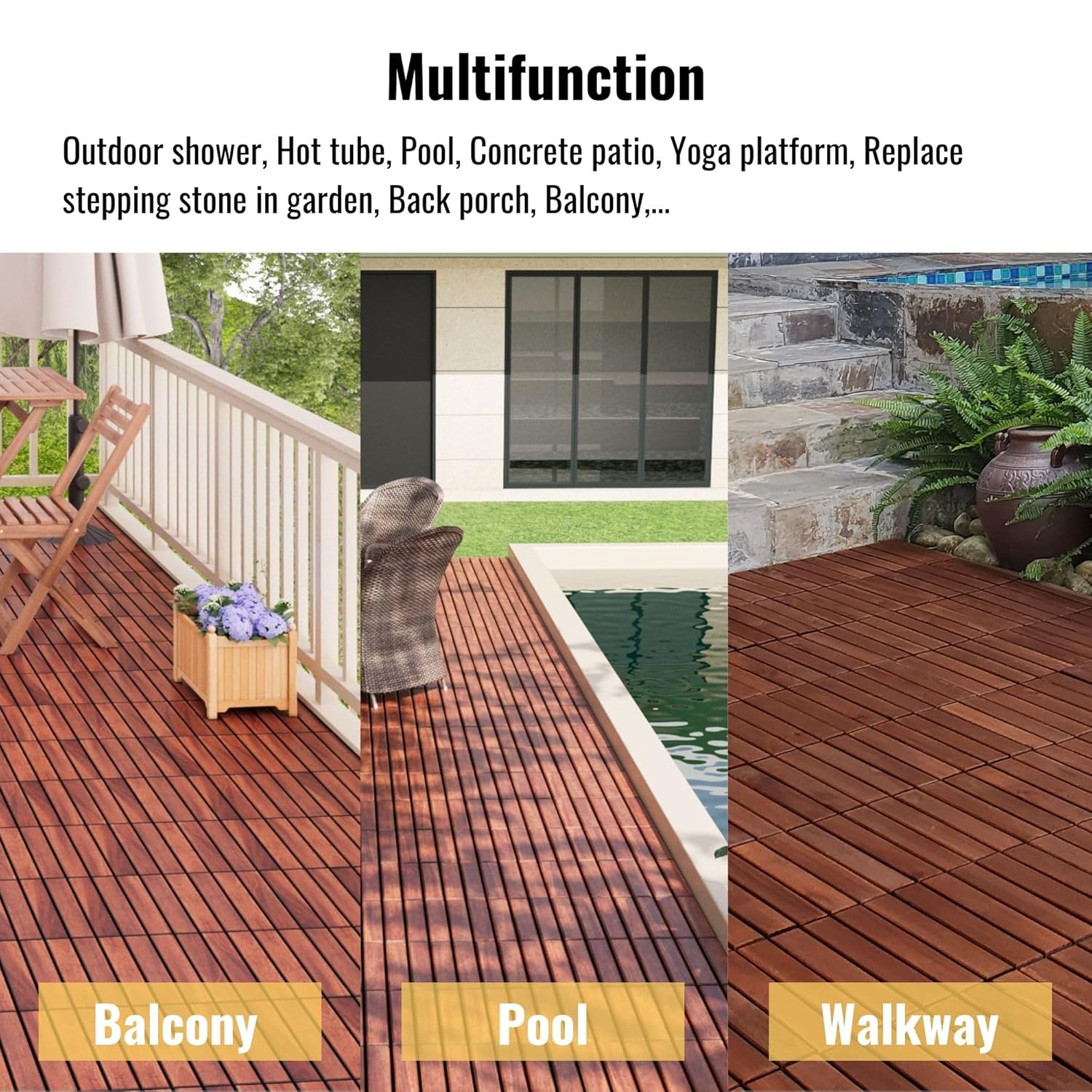 10 Pcs Acacia Wood Interlocking Deck Tiles, 12" X 12" Patio Deck Tiles, Outdoor Patio Flooring for Balcony, Garden