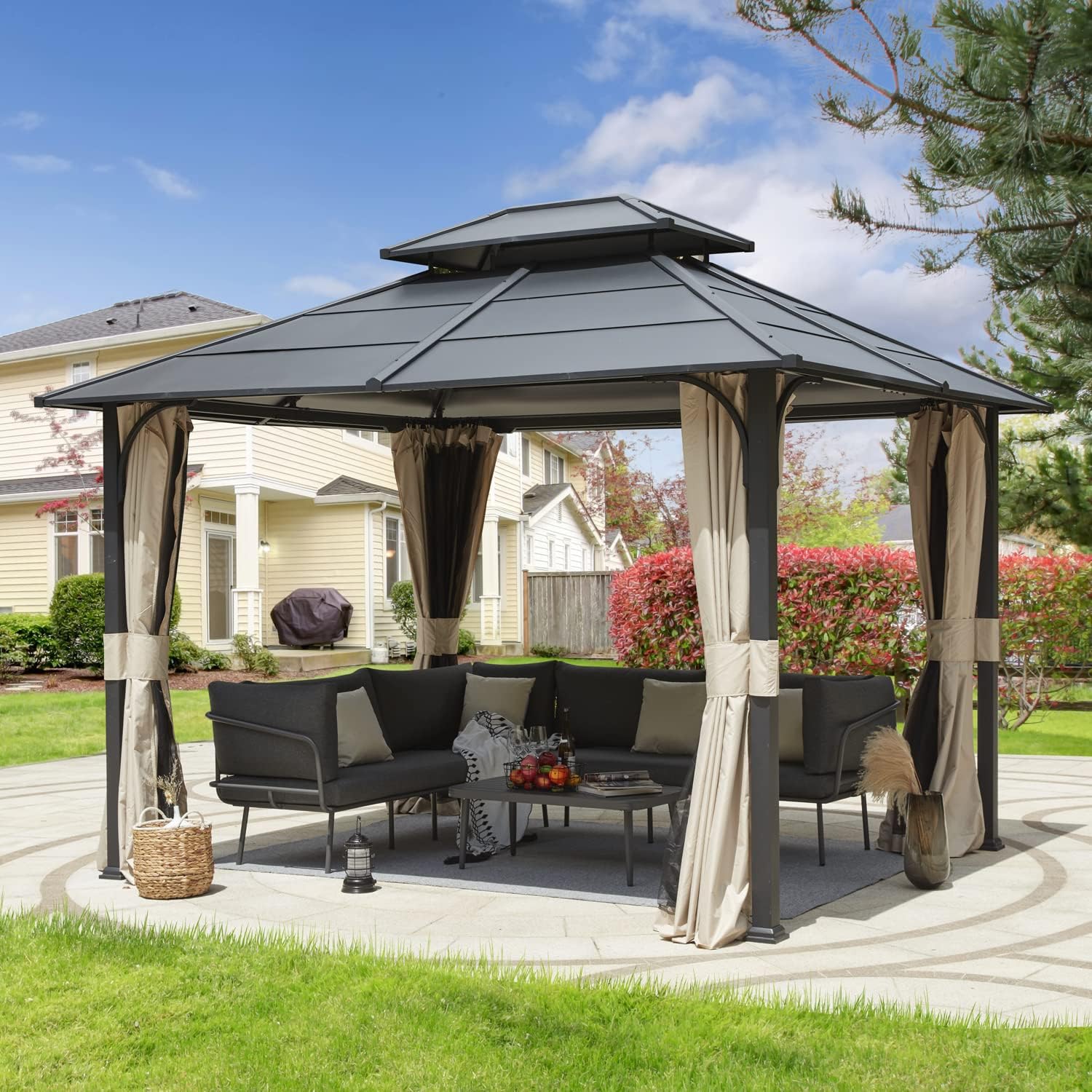 10'x12' Hardtop Gazebo, Double Metal Roof Canopy with Aluminum Frame, Netting and Shaded Curtains Included