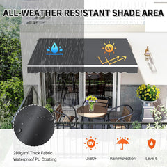 10'x8' Patio Manual Retractable Awning Fully Assembled, Dark Grey | Aluminum Frame, 280G Polyester, Water-Resistant