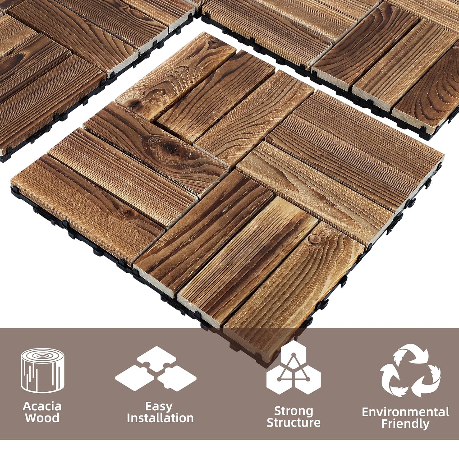 10 PCS Interlocking Deck Tiles, 12" X 12" Acacia Wood Tiles, Waterproof Wood Flooring Tiles for Indoor Balconies