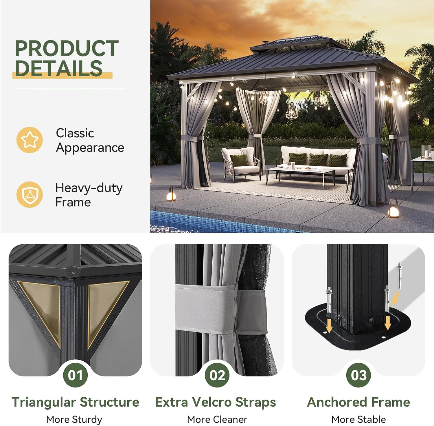 10'x14' Hardtop Gazebo, Metal Frame Canopy with Double Galvanized Steel Roof, Outdoor Metal Pavilion with Netting