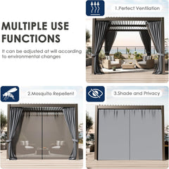 10'x10' Metal Pergola, Outdoor Patio Pergola with Hardtop Roof,Aluminum Pergolas with Curtains,Waterproof Gazebo,Gray