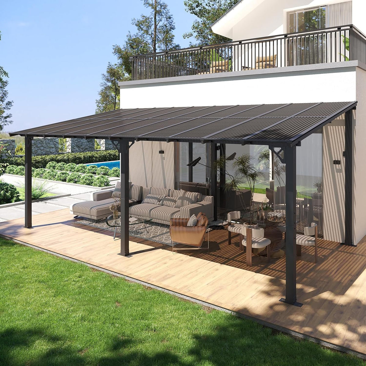 10' x 20' Lean to Gazebo, Hardtop Metal Gazebo Pergola with Polycarbonate Roof, Large Wall Mounted Heavy Duty Awnings