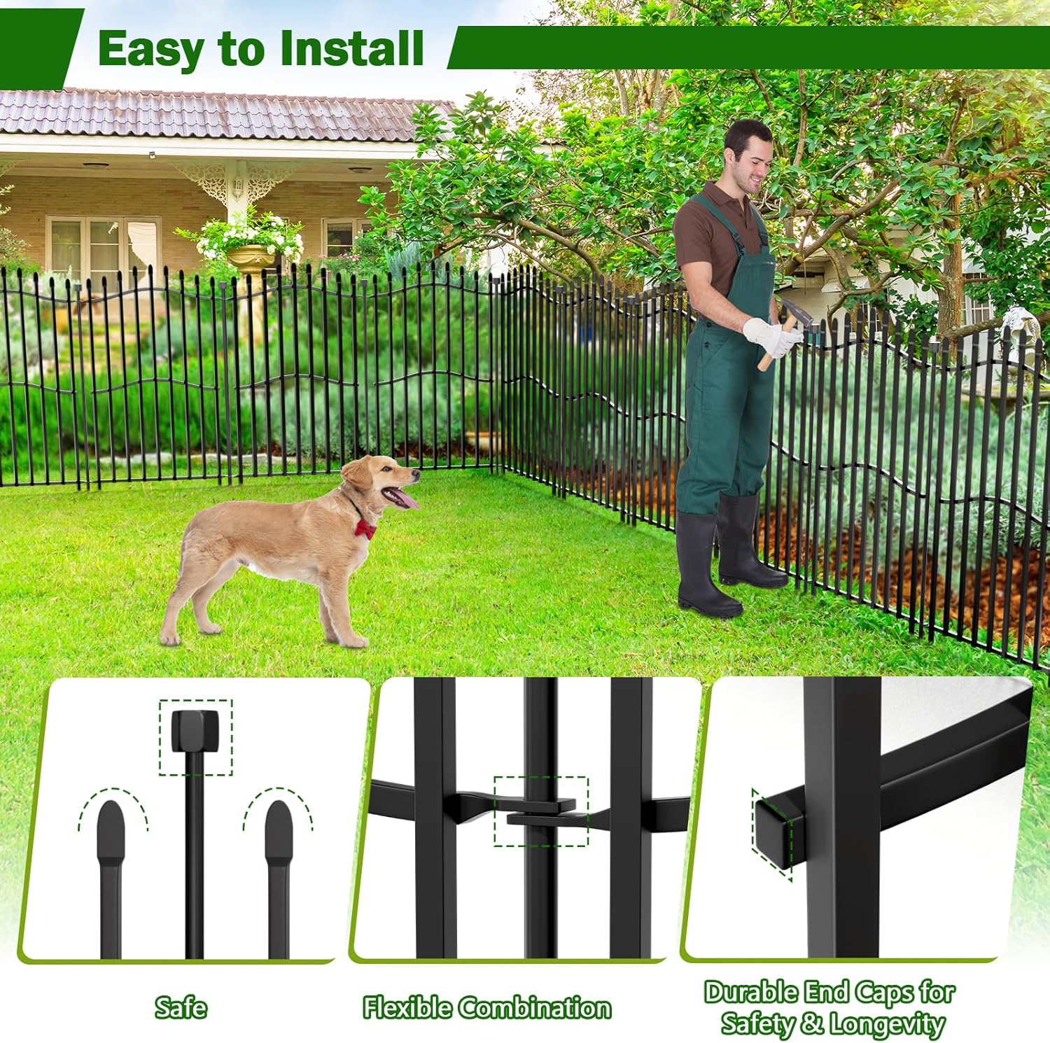10 Panels Tall No Dig Garden Fence - 40in H x 22.5ft L, Reinforced Square Tube Rustproof Animal Barrier, Decorative