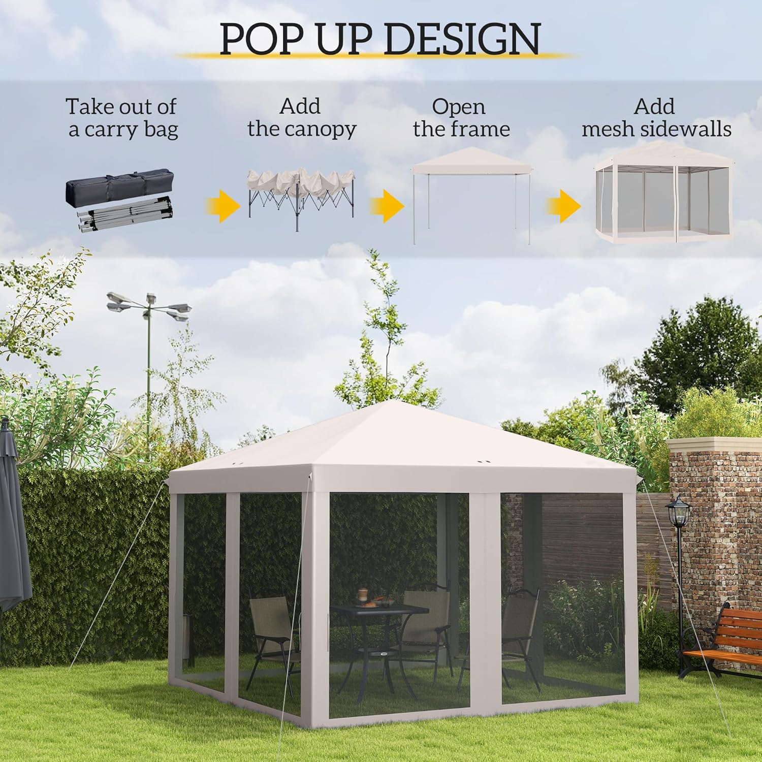 10' x 10' Pop Up Canopy Tent with Netting, Instant Gazebo, Screen House Room with Carry Bag, Height Adjustable Beige