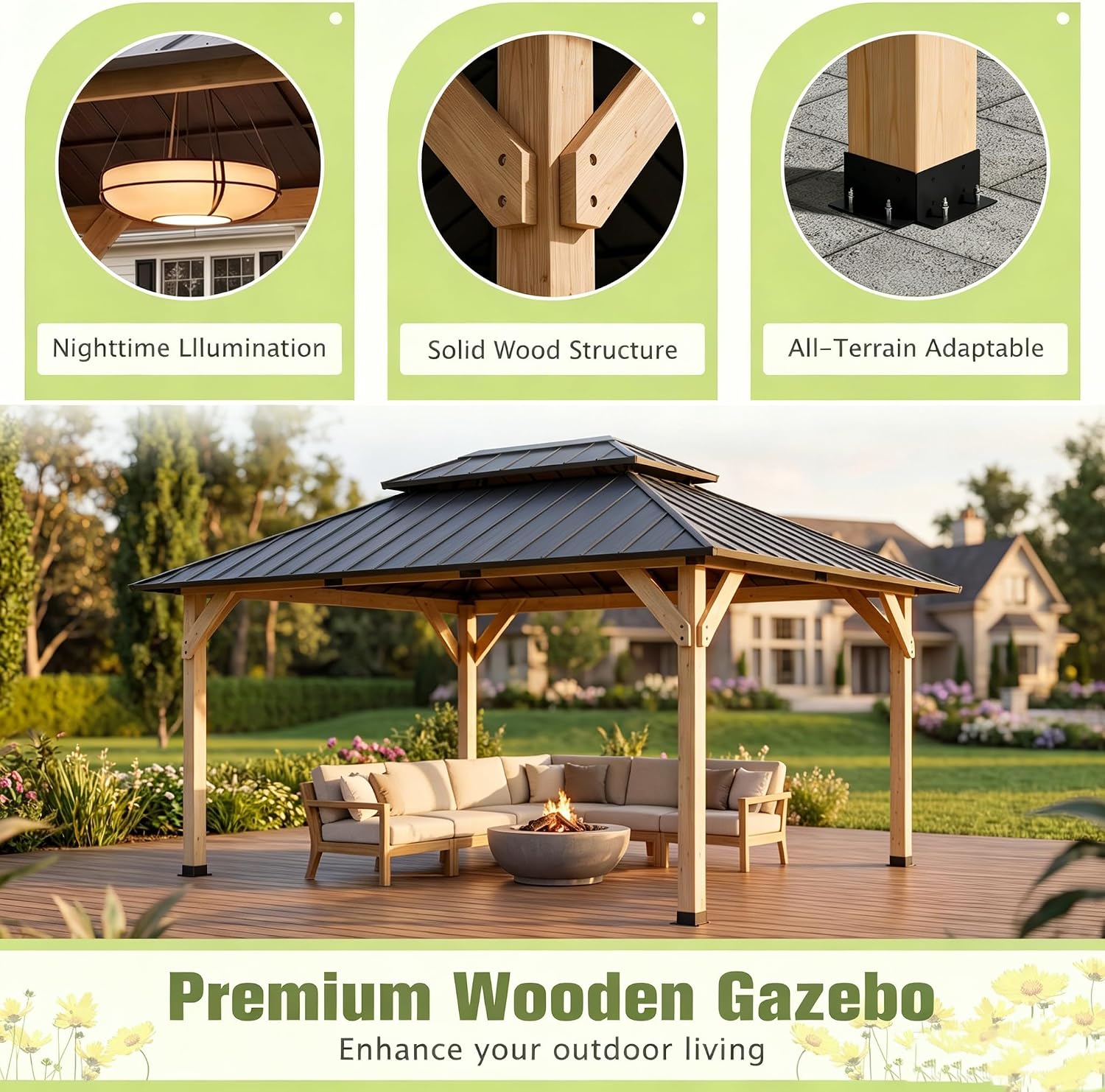10' x 12' Wooden Gazebo,Patio Hardtop Gazebo Wood,DIY Color Permanent Pavilion with Galvanized Steel Double Metal Roof