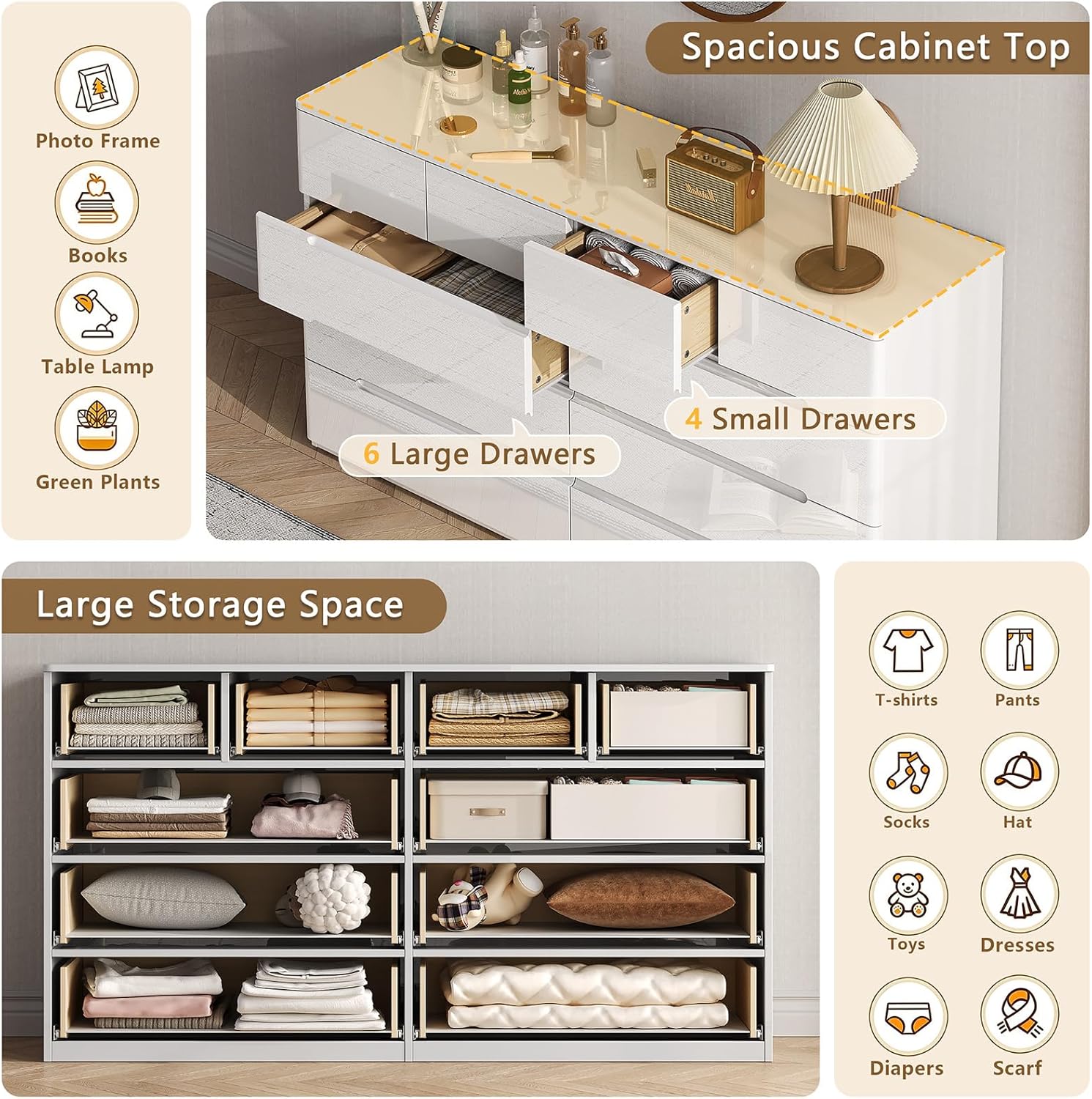 10 Drawer White Dresser , 55" Long Dresser Chest of Drawers, Large High Gloss Modern Storage Cabinet with Big Drawers