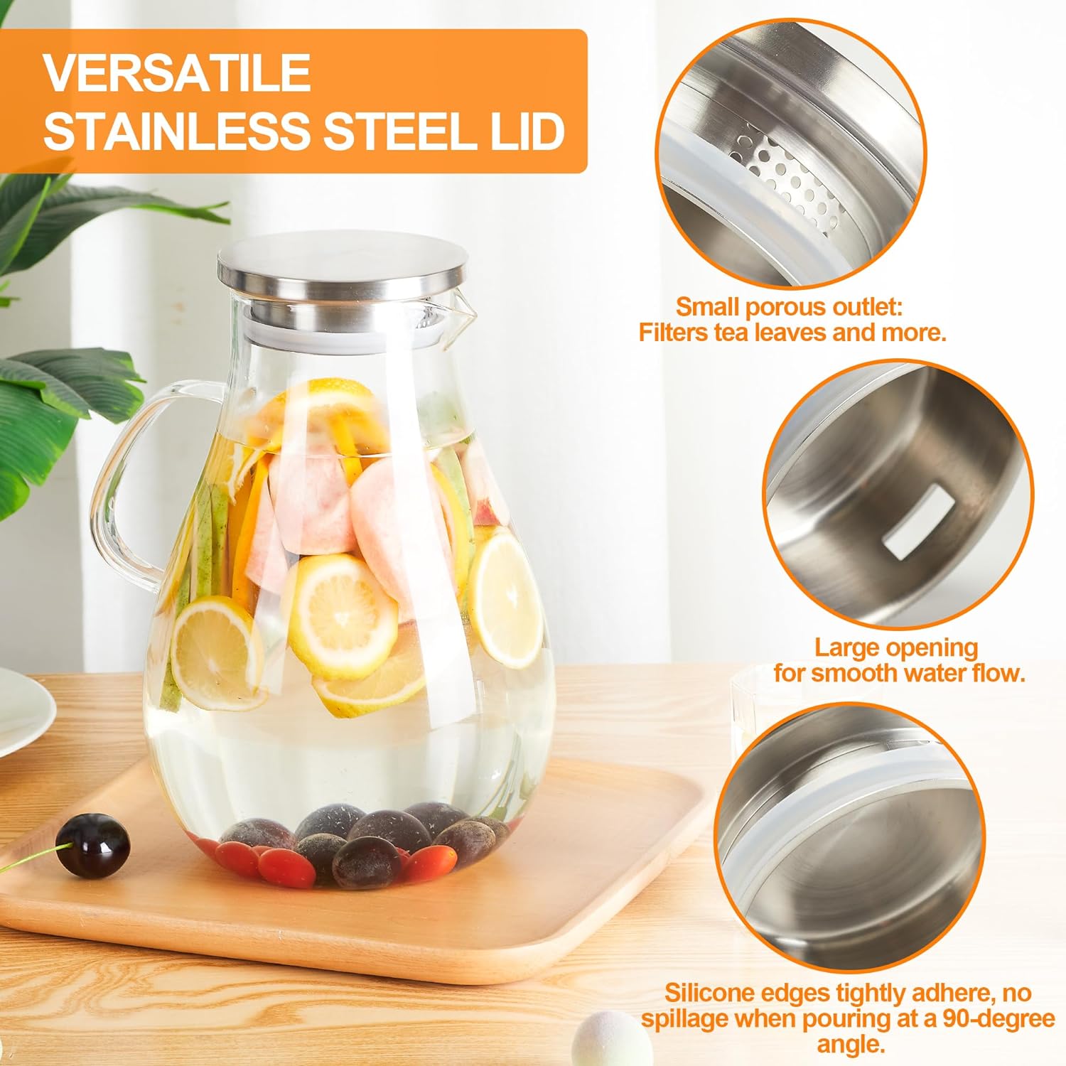 1 Gallon Glass Pitcher with Lid and Handle, Hot & Cold Water Jug, Extra-Wide Mouth Beverage Carafe for Juice, Iced