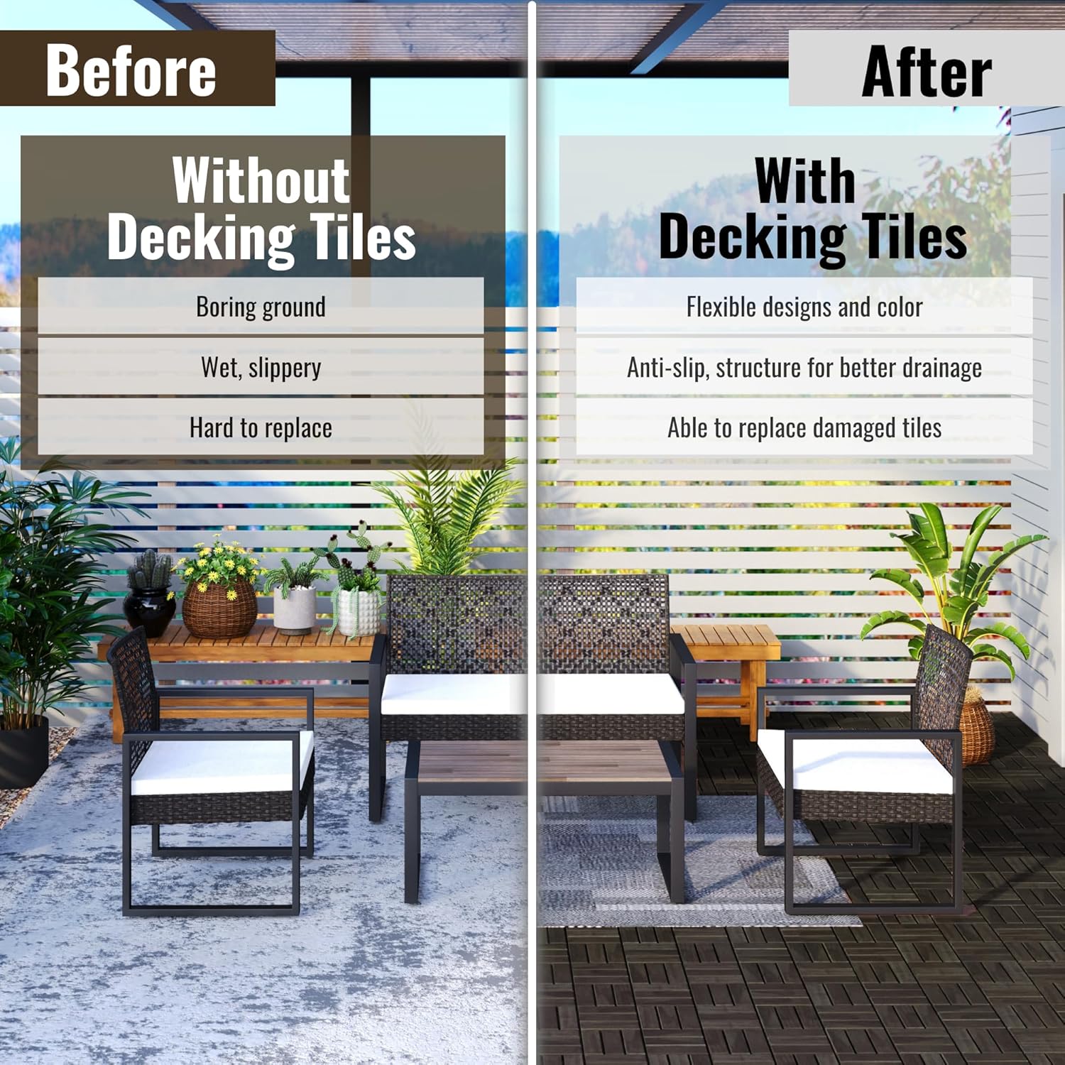 10 Pcs Outdoor Interlocking Deck Tiles, 12"x12" Acacia Wood Tiles for Patio, Porch, Balcony & Poolside, Checker