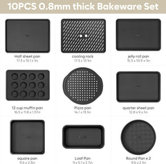 10-Piece Nonstick Bakeware Set, 0.8MM Thick Carbon Steel Pan Set for Oven with Cookie Sheet, Muffin Pan, Pizza Pan