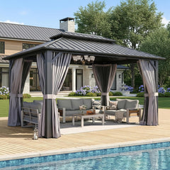10'x14' Hardtop Gazebo, Metal Frame Canopy with Double Galvanized Steel Roof, Outdoor Metal Pavilion with Netting