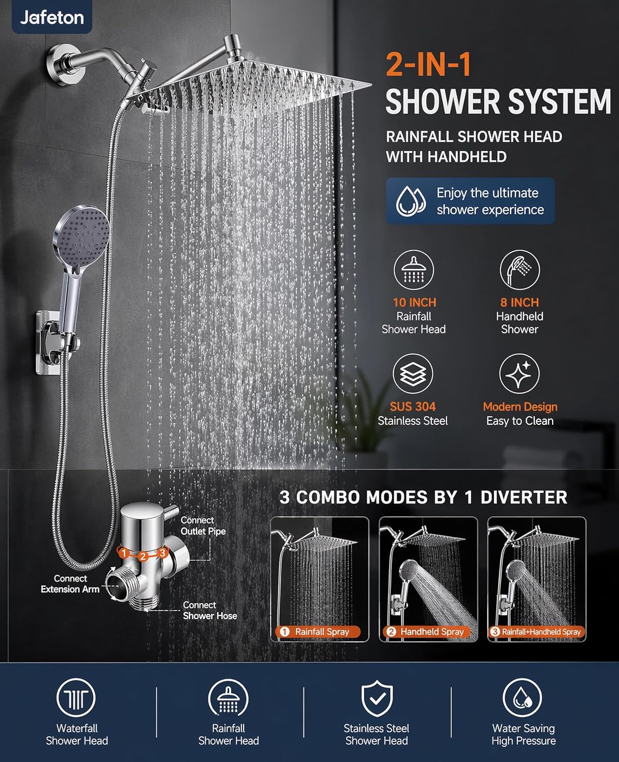 10 inch Rain Shower Head with Handheld Spray Stainless Steel