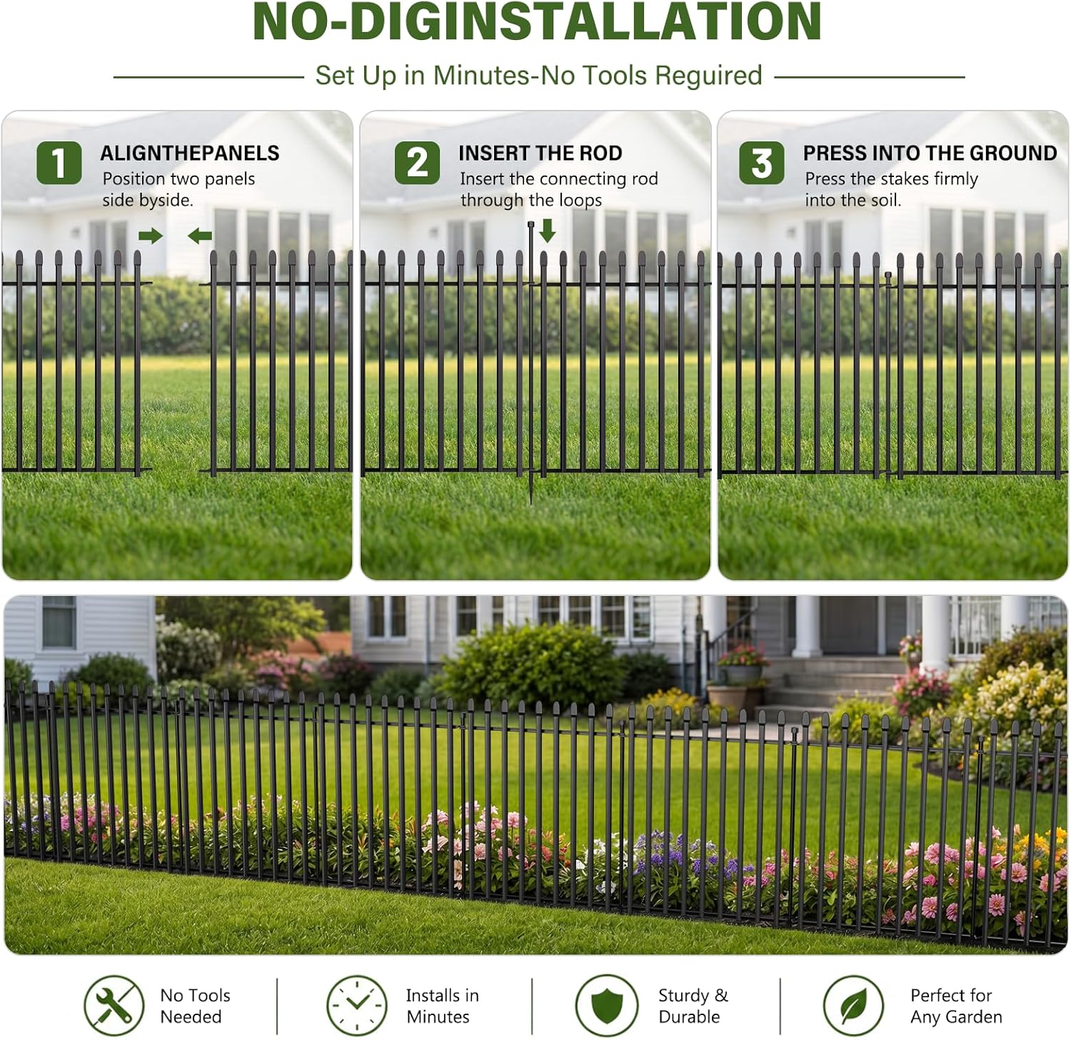 10 Panels No Dig Decorative Garden Fence, 32in(H)×22ft(L) Heavy-Duty Rustproof Metal Panels, Outdoor Dog Barrier for