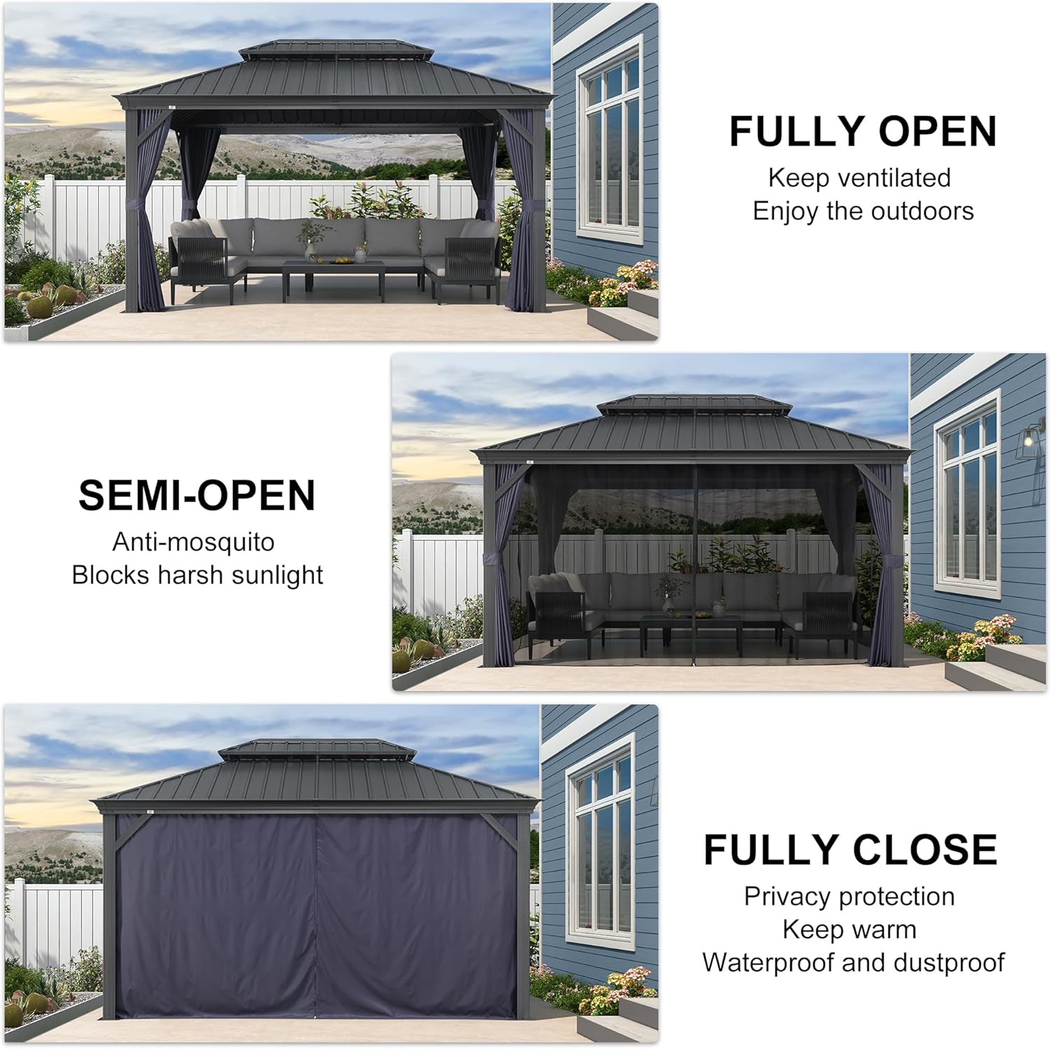 10' X 14' Hardtop Gazebo Aluminum Gazebo with Galvanized Steel Double Roof for Backyard Patio Lawn and Garden Curtains
