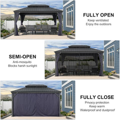 10' X 14' Hardtop Gazebo Aluminum Gazebo with Galvanized Steel Double Roof for Backyard Patio Lawn and Garden Curtains