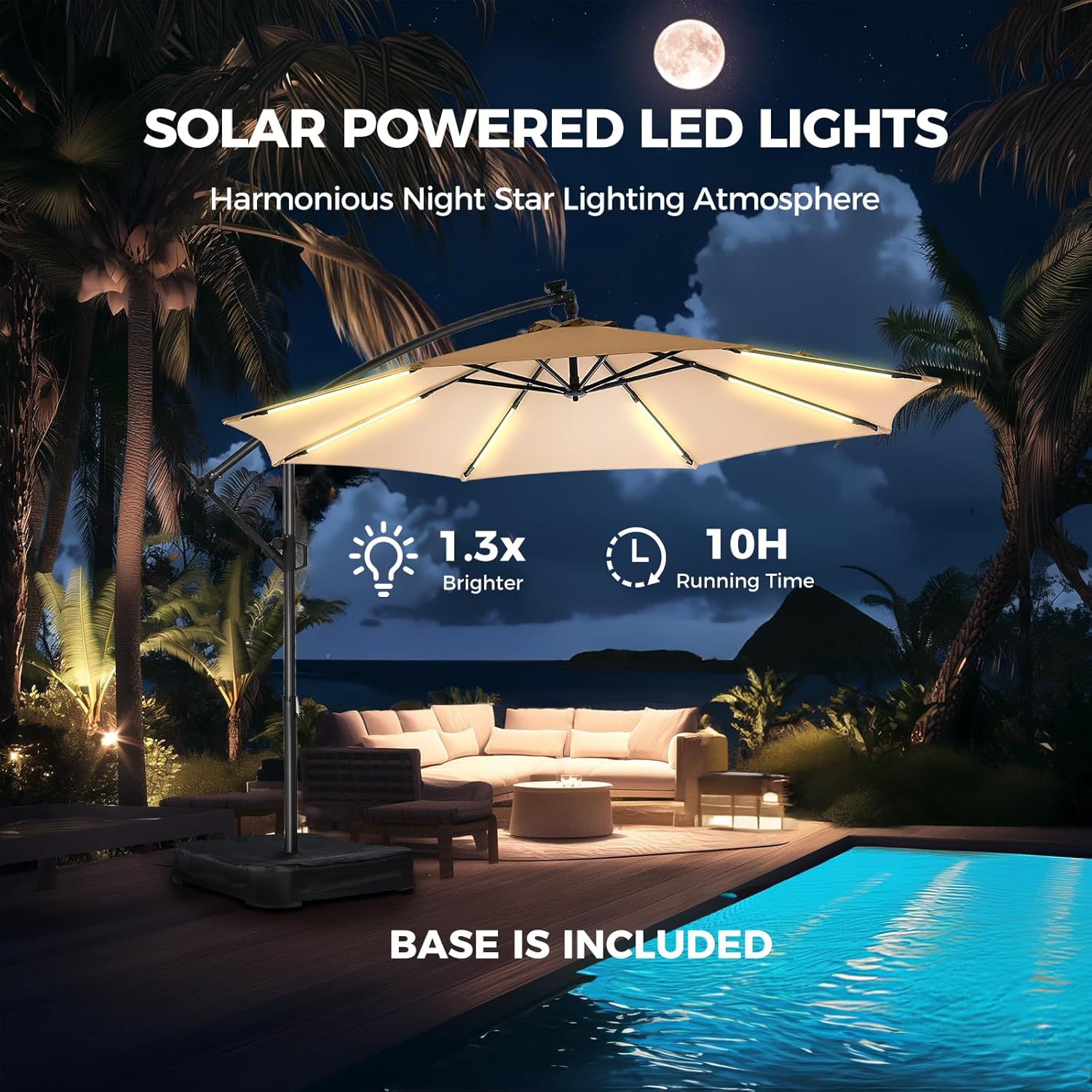 10 ft Offset Patio Umbrella with Solar Lights, LED Lighted Umbrella Outdoor Patio with Base Included - Beige