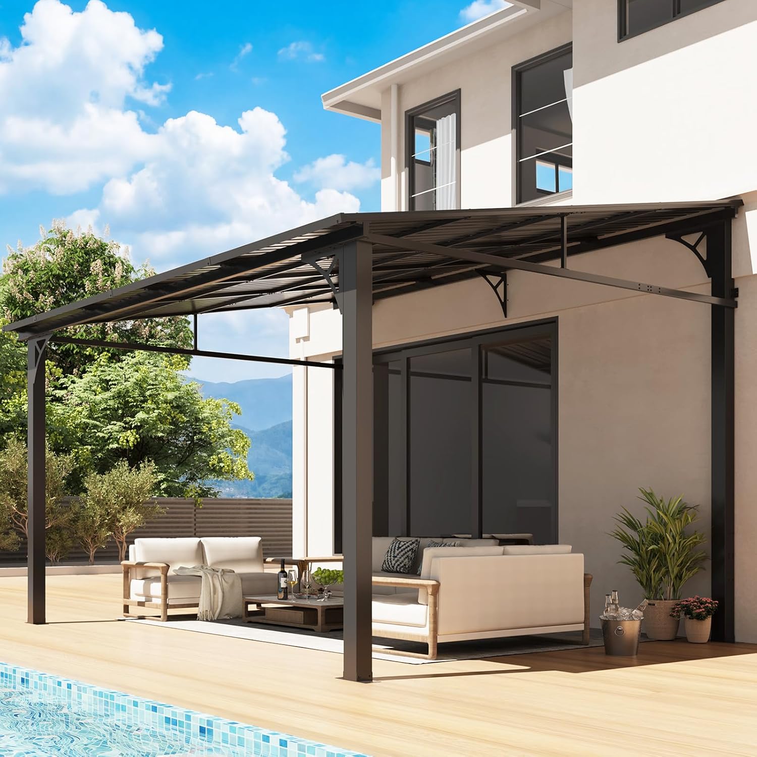 10' x 12' Hardtop Lean-to Gazebo, Wall-Mounted Pergola with Sloping Galvanized Steel Roof – Black