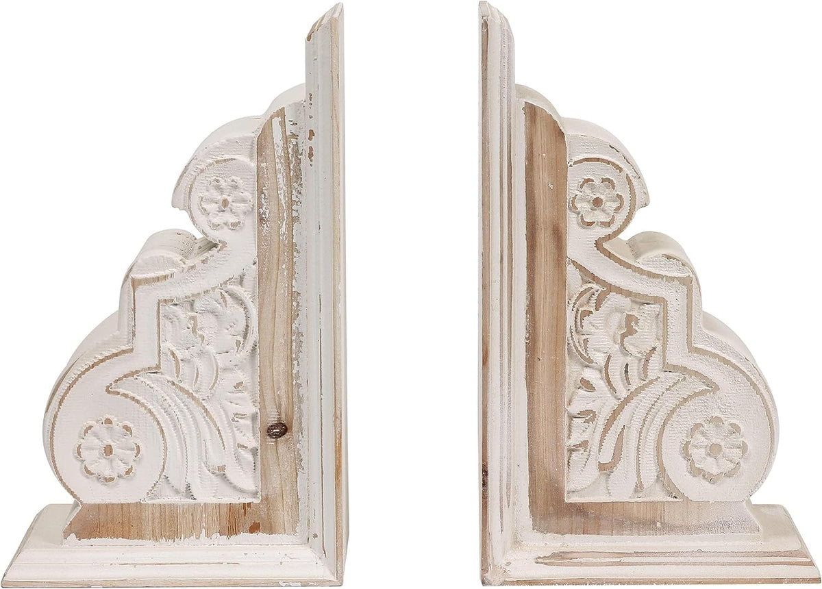 1 Pair Rustic Handmade Distressed White Wood Bookends, Carved Pattern | Unique Decorative Heavy Book Holder