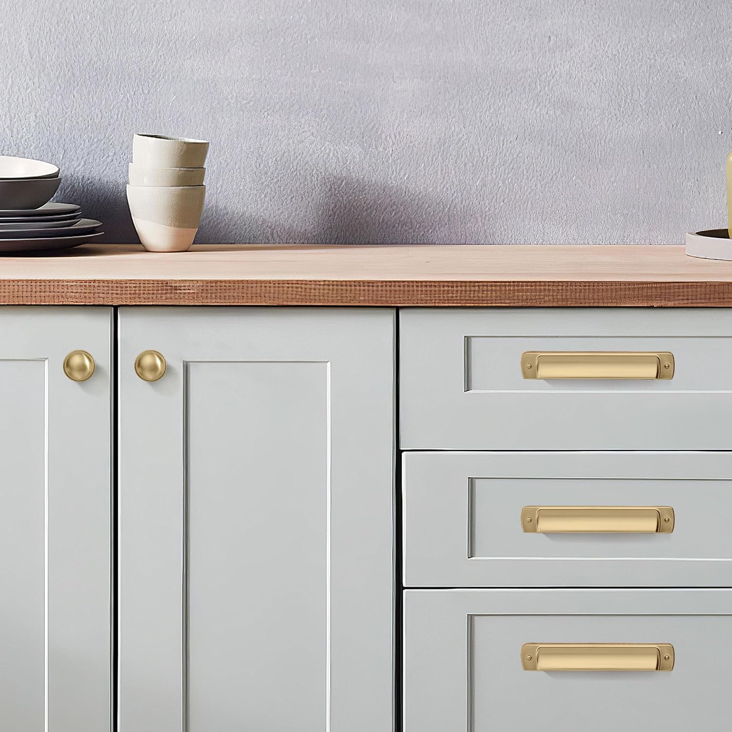 10 Pack 1-1/4 inch Brushed Brass Cabinet Knobs - Brushed Gold Drawer Knobs and Dresser Drawers